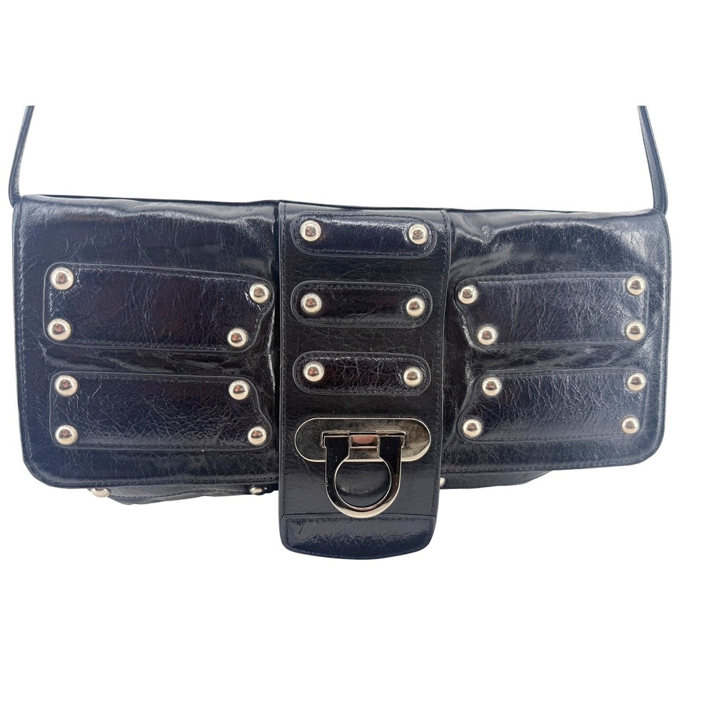 Sabina New York Black Leather Studded Baguette Shoulder Bag Silver Hardware